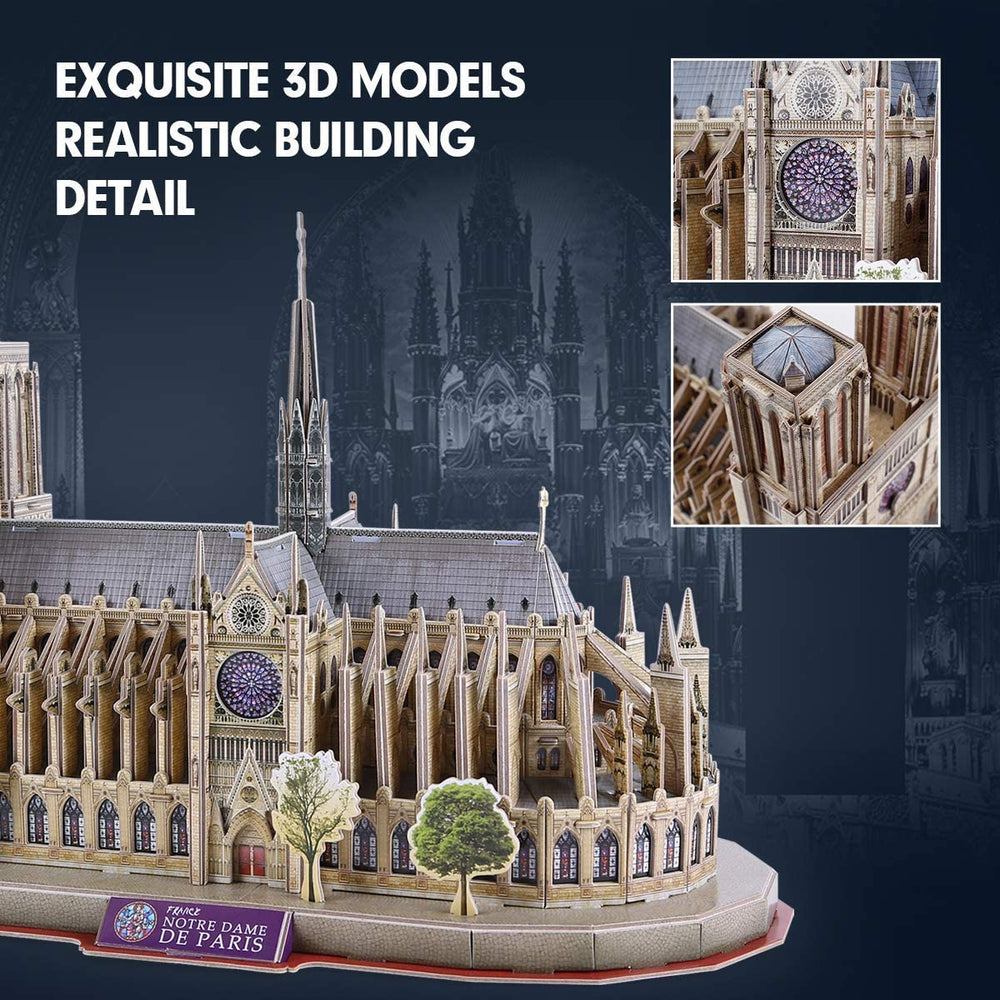 CubicFun Notre Dame Paris 3D puzzle mid-build with intricate facade details.