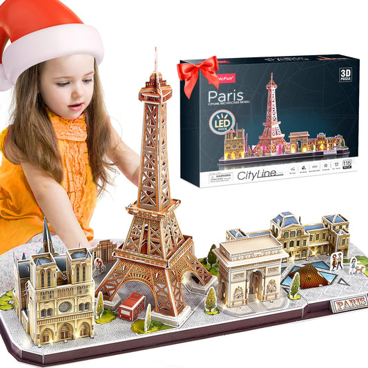 CubicFun Paris Cityline Eiffel Tower 3D puzzle with LED lighting for a vivid night display.