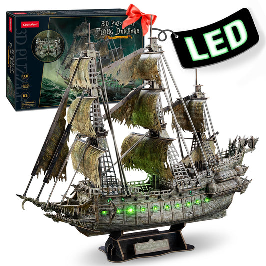 Cubifun Flying Dutchman LED puzzle assembly shows the ship model during assembly and display potential