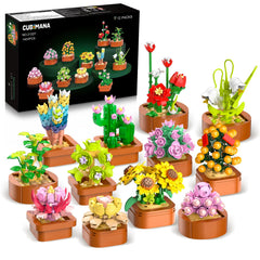 CUBIMANA 12-pack flowers succulents mini building set with terracotta pot for display decor.