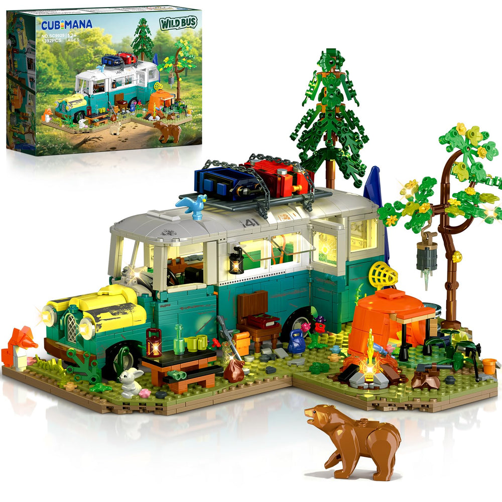 CUBIMANA Wilderness bus-building set with lighting on a desk scene, inviting calm viewing and play