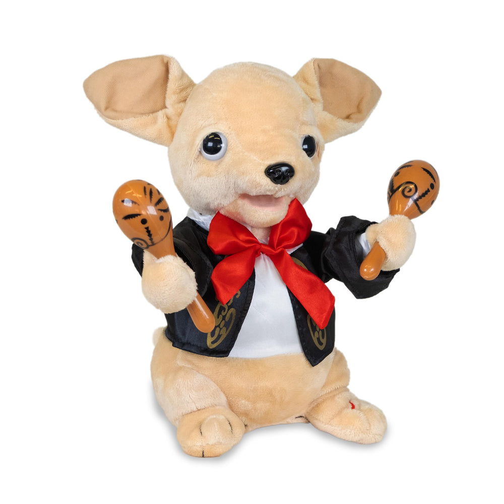 Chuey Bamba holds maracas to inspire singing and dancing.