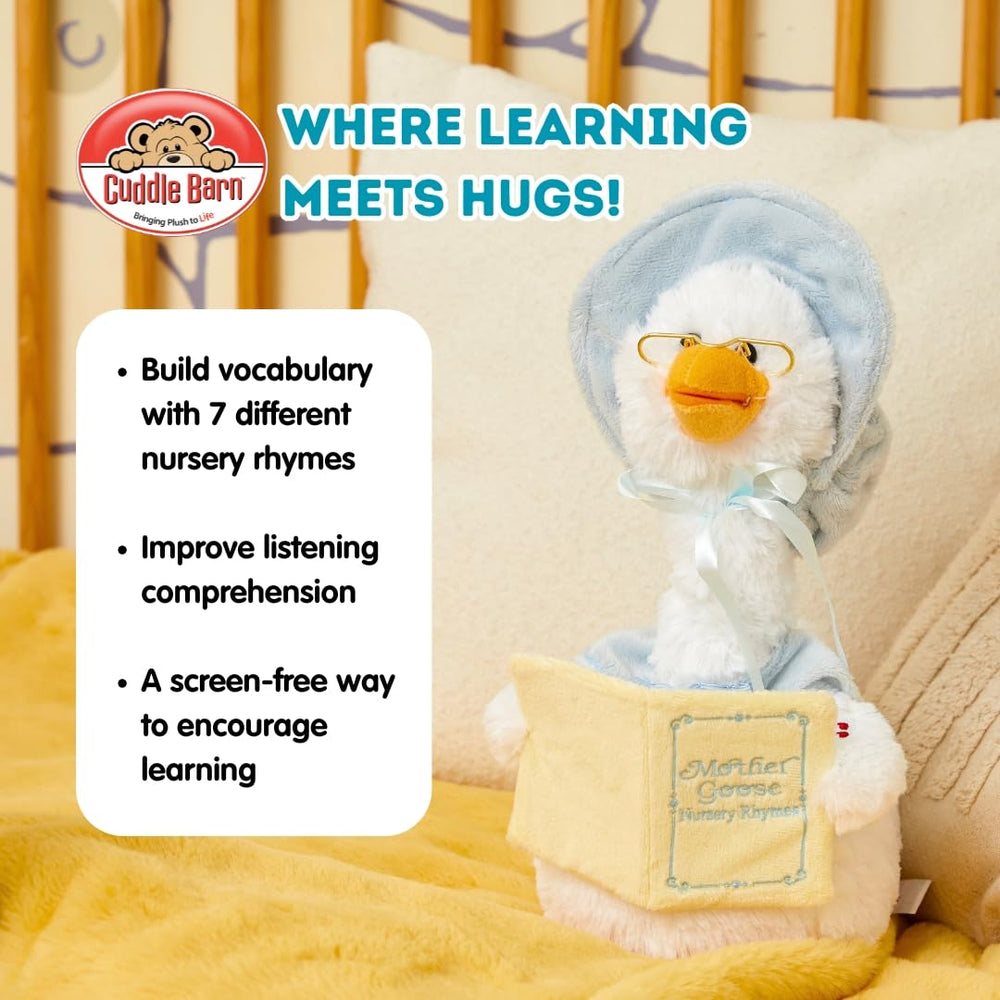 Cuddle Barn Mother Goose 14-inch plush spins beak while reciting rhymes.