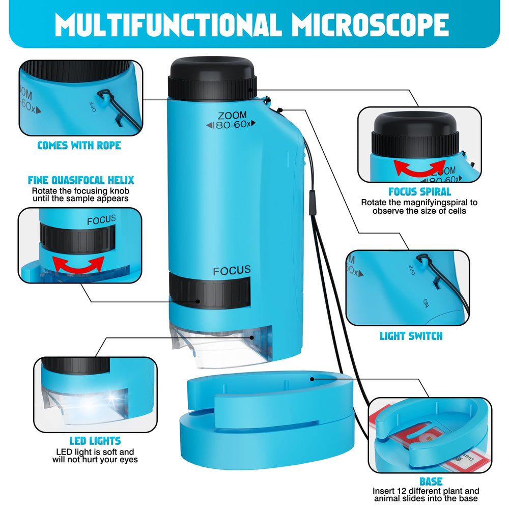 CUKU blue kids microscope, pocket-sized, easy to carry during trips.