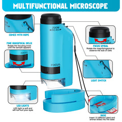 CUKU blue kids microscope, pocket-sized, easy to carry during trips.