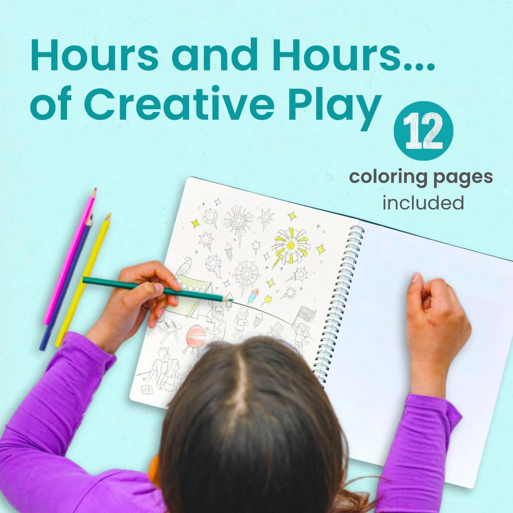 Cupkin spiral-binding keeps pages flat for lap or table coloring.