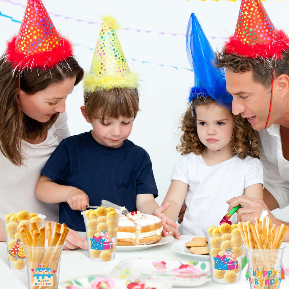CUPLOOV 12oz cake-design cups enhance birthday table settings and quick refills
