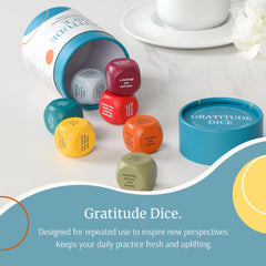 Curiosity Driven Gratitude Dice color-coded faces highlighting diverse prompts for growth.