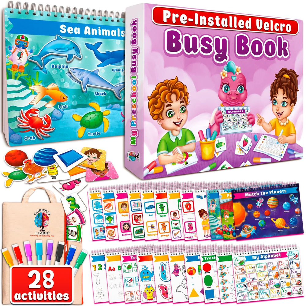 Curious 2 Learn busy book with thick pages showing durable construction for daily toddler use.