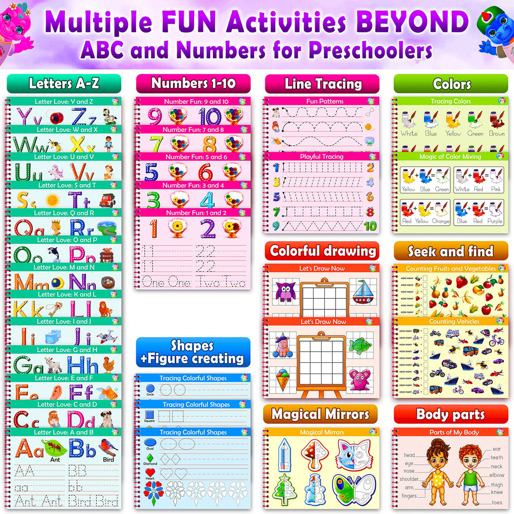 Nine markers beside the workbook enabling mess-free color practice with Curious 2 Learn