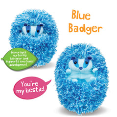 Curlimals Blue the Badger with soft polyester fur invites gentle hugs and cozy afternoons.