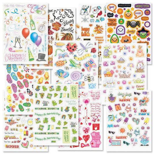 Current Year-Round sticker pack: twelve sheets of vibrant designs for planners.