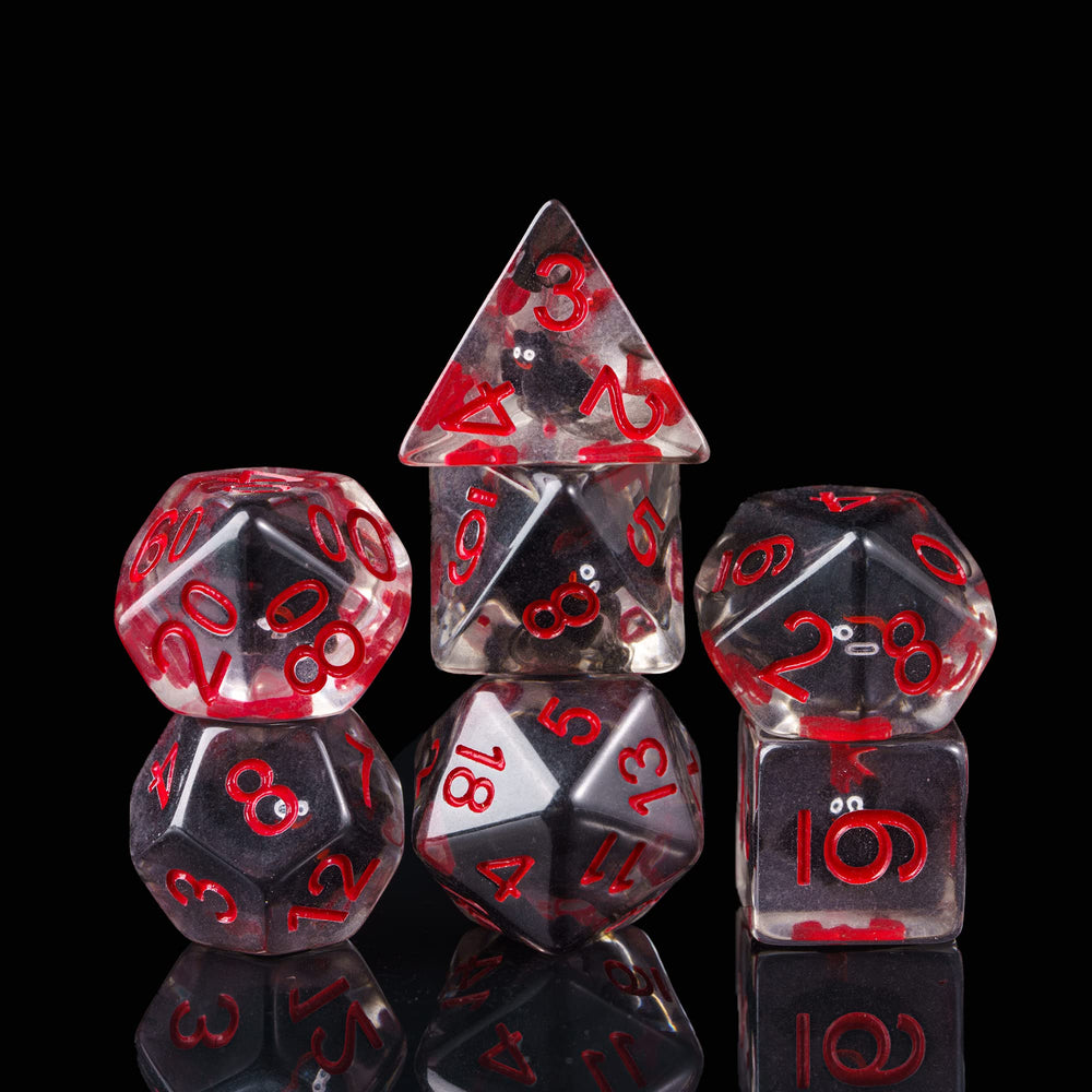 Cusdie 7-Die bat-filled DND dice inside clear resin, Halloween vibe