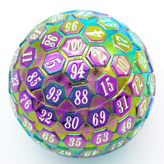 Cusdie D100 rainbow metal dice with white numbers, durable for daily RPG sessions