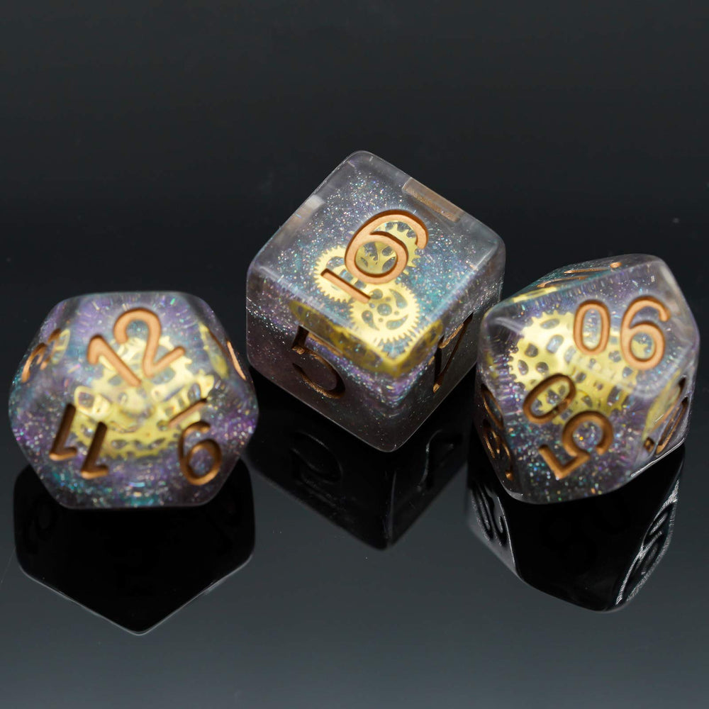 Cusdie DND dice gear-detail closeup showing intricate gears