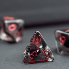 Cusdie DND dice set with bold red numerals on clear resin
