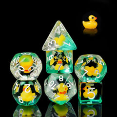 Cusdie duck-inside DND dice in yellow brighten tabletop sessions.