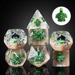 Cusdie green turtle close-up on translucent die highlights easy-to-read numbers.
