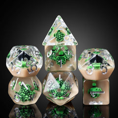 Cusdie green turtle inside DND dice – unique visual for RPG sessions.