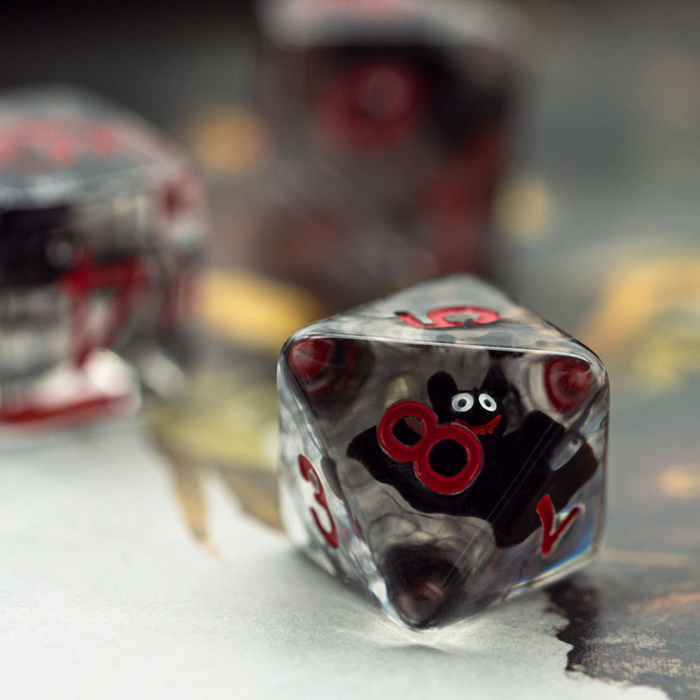 Cusdie table-ready dice for tabletop RPGs with bat motif