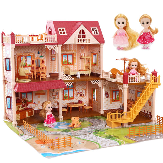 CUTE STONE doll house shows a spacious 5-room layout for creative play.