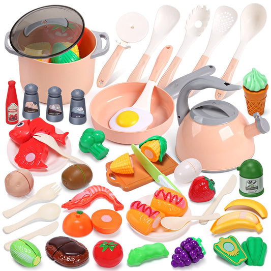 Cute Stone toy kitchen set with pots and pans for imaginative play and pretend cooking.