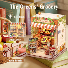 CUTEBEE Book Nook Greens Grocery interior lit creates warm evening ambience