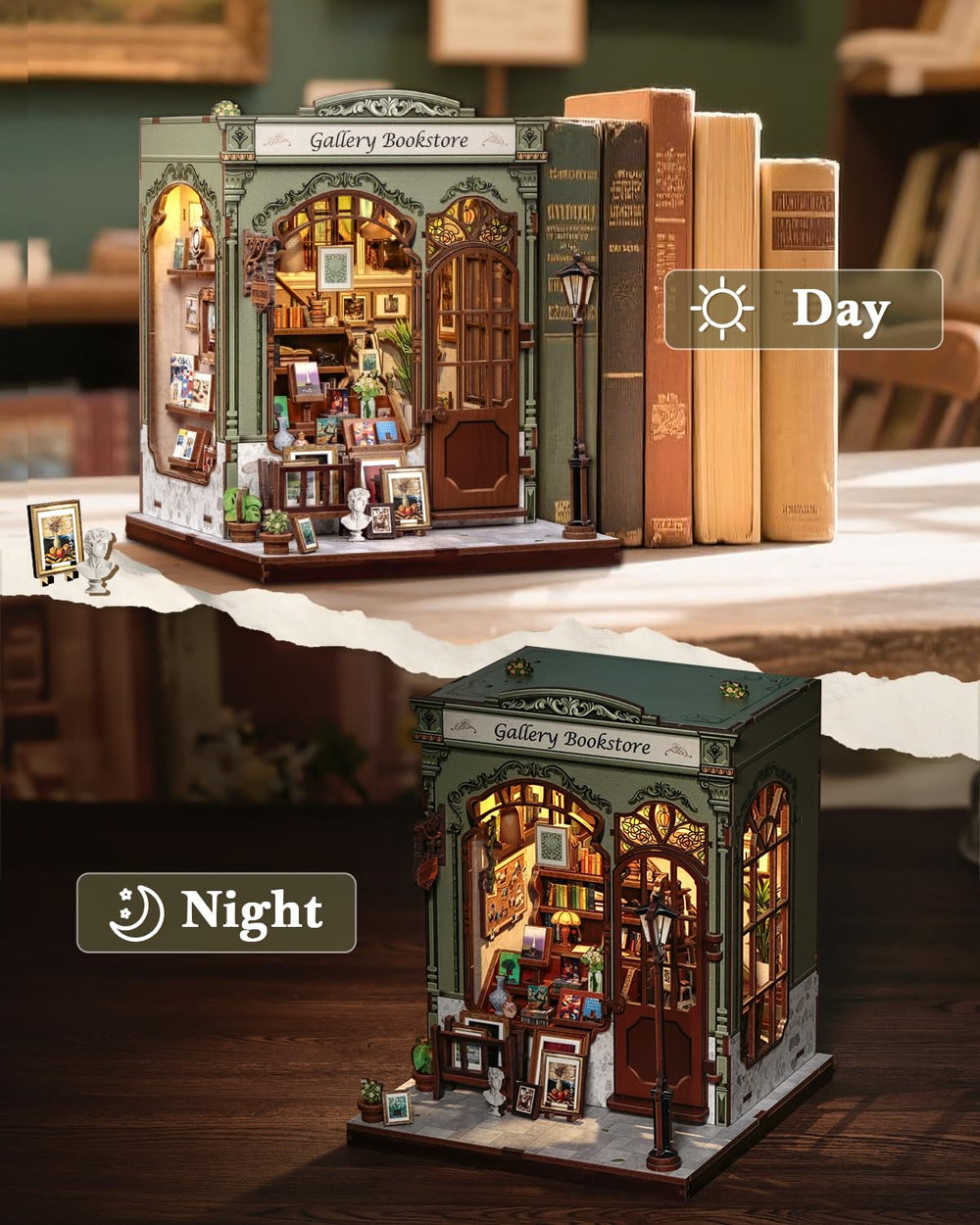 CUTEBEE Book Nook Kit contents feature wood pieces and decorative accents.