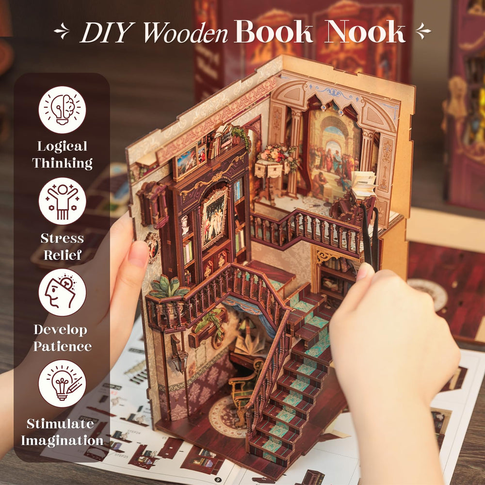 CUTEBEE Book Nook Kit detailed wooden parts spark mindful crafting.