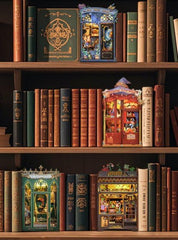CUTEBEE Book Nook Kit lit up scene creating warm desk ambience