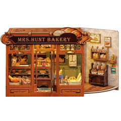 CUTEBEE Book Nook Kit front view with Mrs.Hunt Bakery for warm shelf decor.