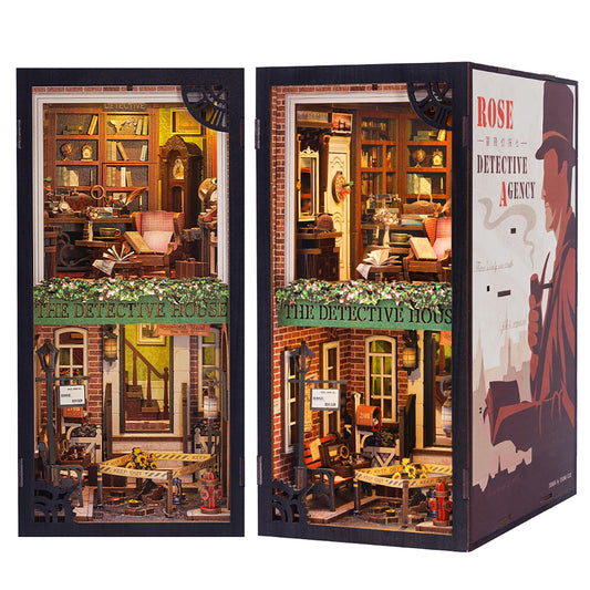 CUTEBEE Book Nook Kit features the Rose Detective Agency scene with warm LED lighting.