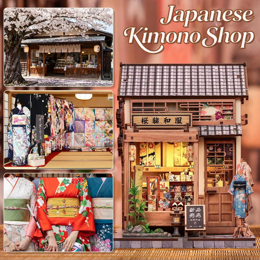 CUTEBEE Book Nook LED illumination highlighting wood grain and kimono colors
