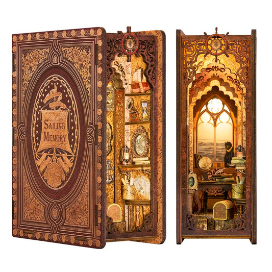 CUTEBEE Book Nook Kit sailing memory scene on a shelf for calming ambiance.