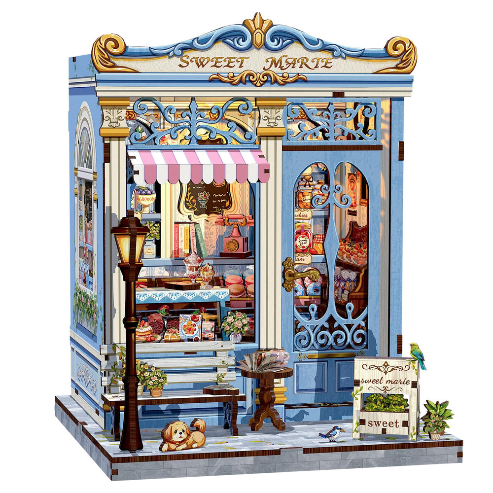 Cutebee Book Nook Sweet Marie blue dessert shop exterior adds charming shelf decor.