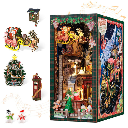CUTEBEE Christmas Book Nook Kit overview on a bookshelf, inviting cozy holiday ambiance