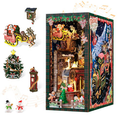 CUTEBEE Christmas Book Nook Kit overview on a bookshelf, inviting cozy holiday ambiance