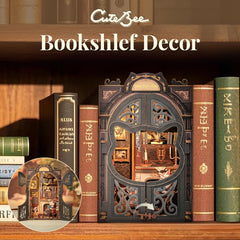 CUTEBEE miniature library shelf detail, laser-cut precision for durable decor.