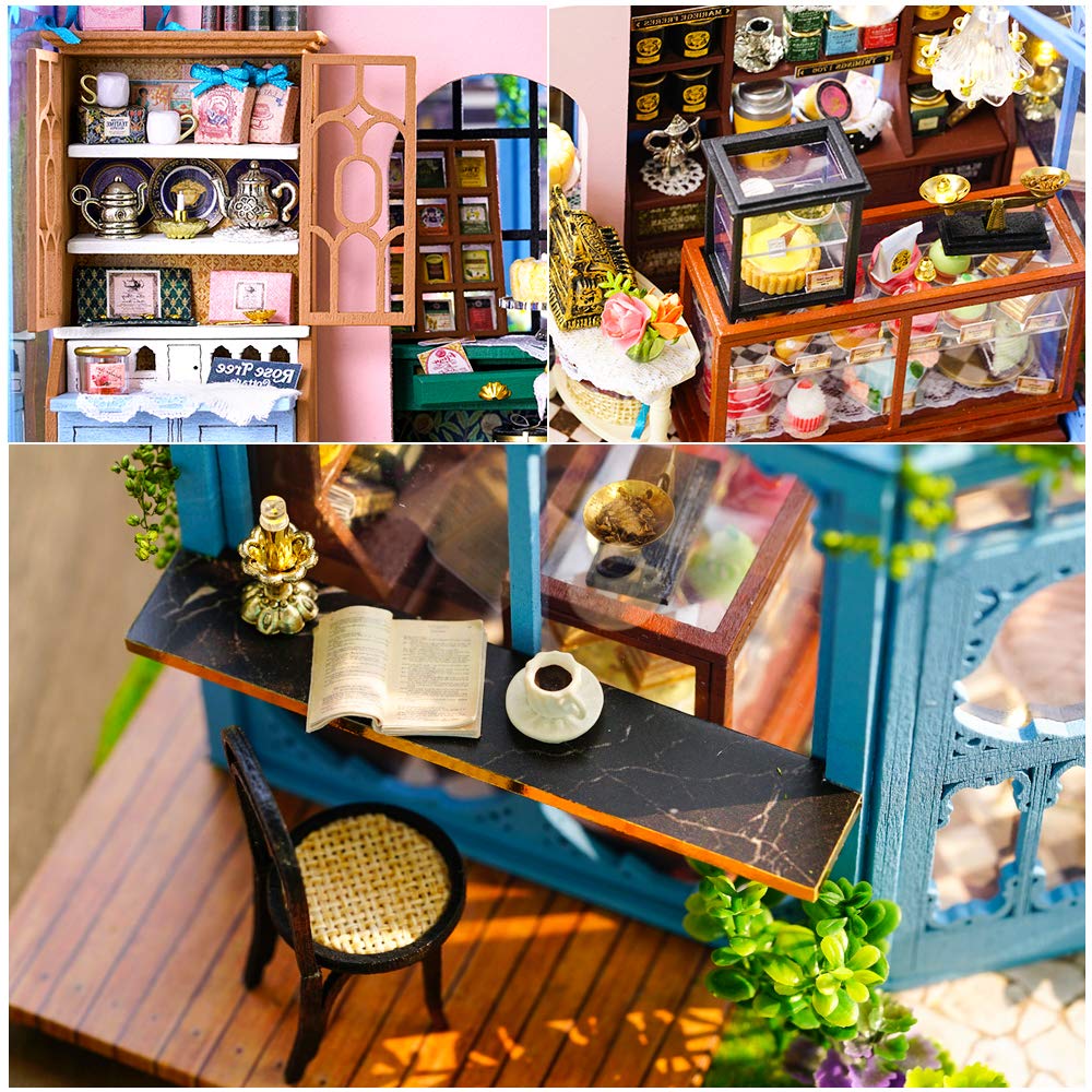 CUTEBEE Rose Garden Tea House LED light adds warm ambience to the mini space.