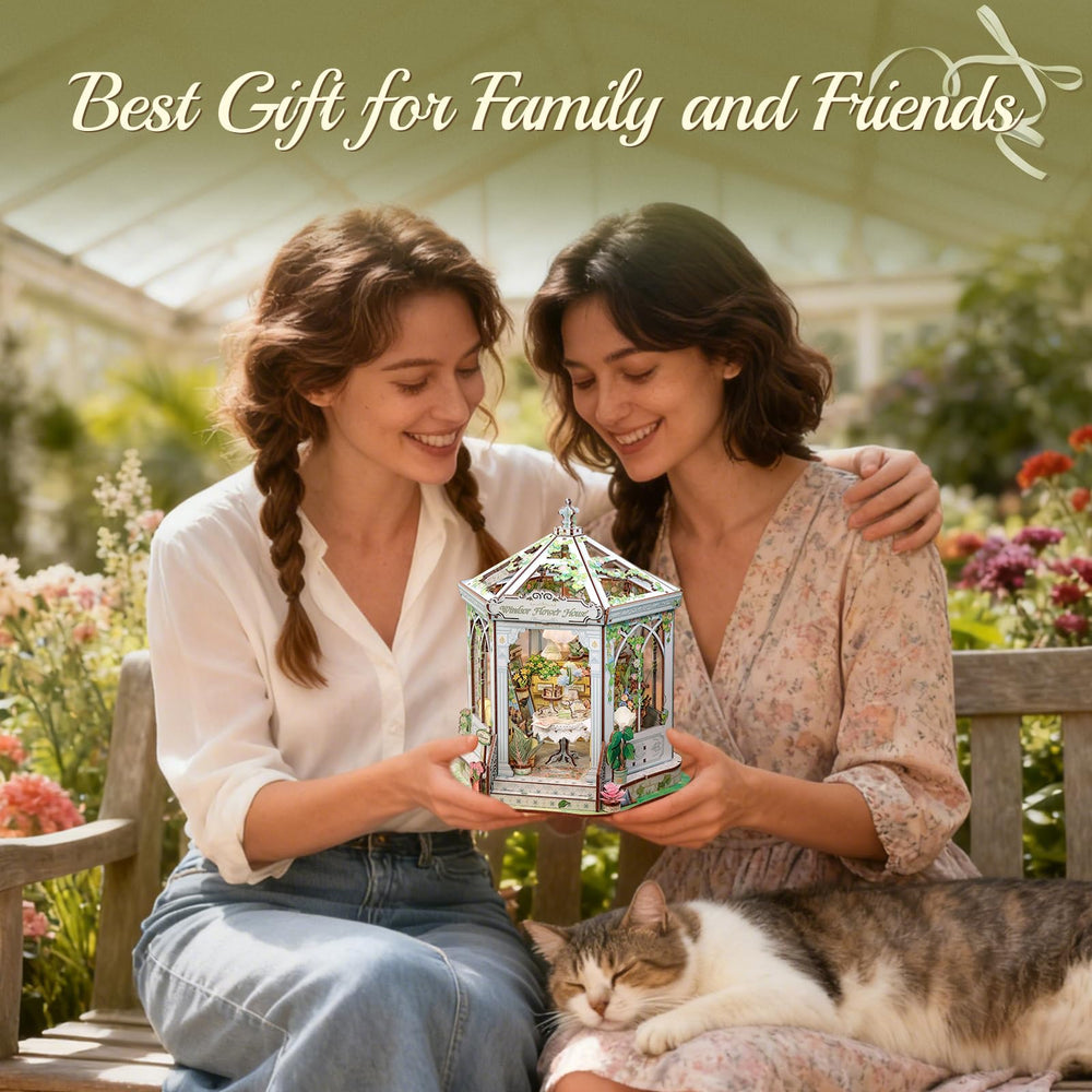 CUTEBEE Windsor Flower House Kit displayed on a bookshelf as a decorative centerpiece.