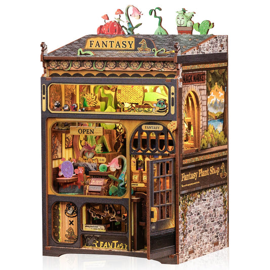 Cutefun Book Nook Kit front view highlights a fantasy plant shop for shelves