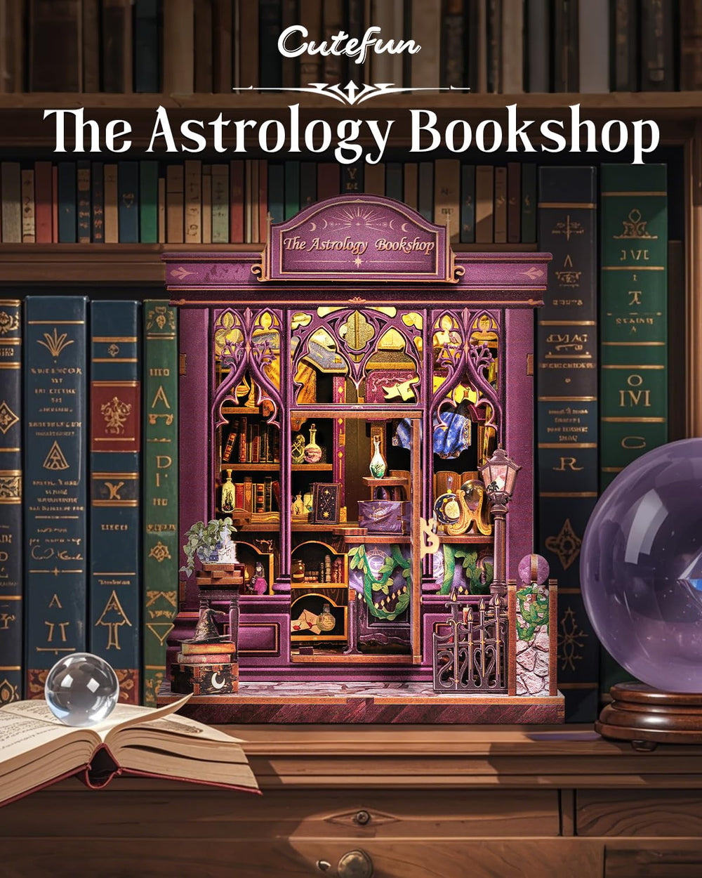 Cutefun astrology bookshop mini scene with 3D puzzle pieces for mindful crafting.
