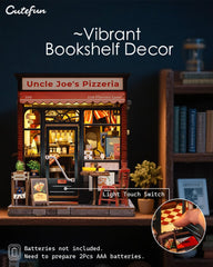 Cutefun book nook wooden pieces arranged for a precise build.