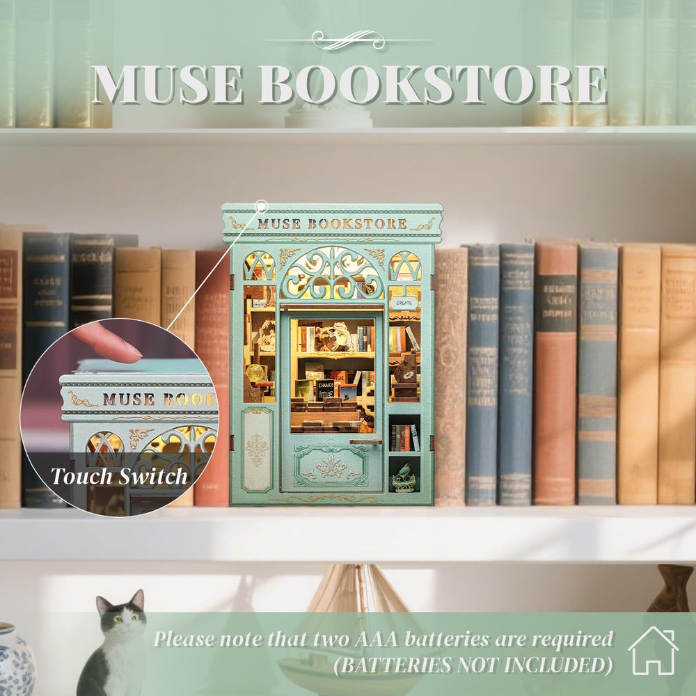 Cutefun bookend LED light brightens shelves for a warm, inviting reading nook.