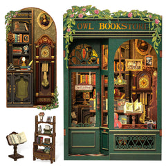 Cutefun Owl Bookstore shelves glow with tiny books for cozy shelf decor