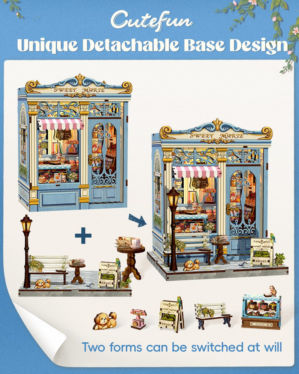 Cutefun Sweet Marie Book Nook Kit close-up shows fine wood texture.
