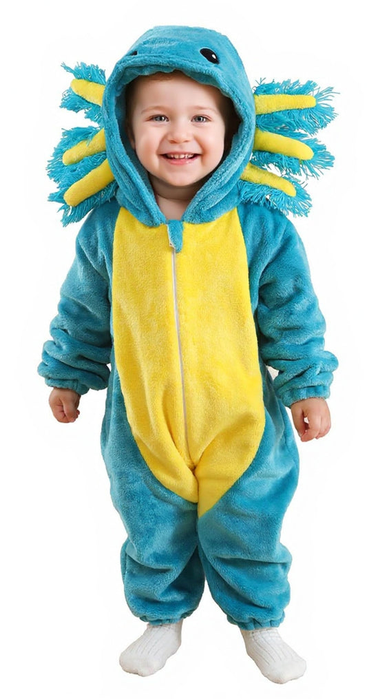 CuteOn axolotl onesie blue front view for cozy winter warmth.