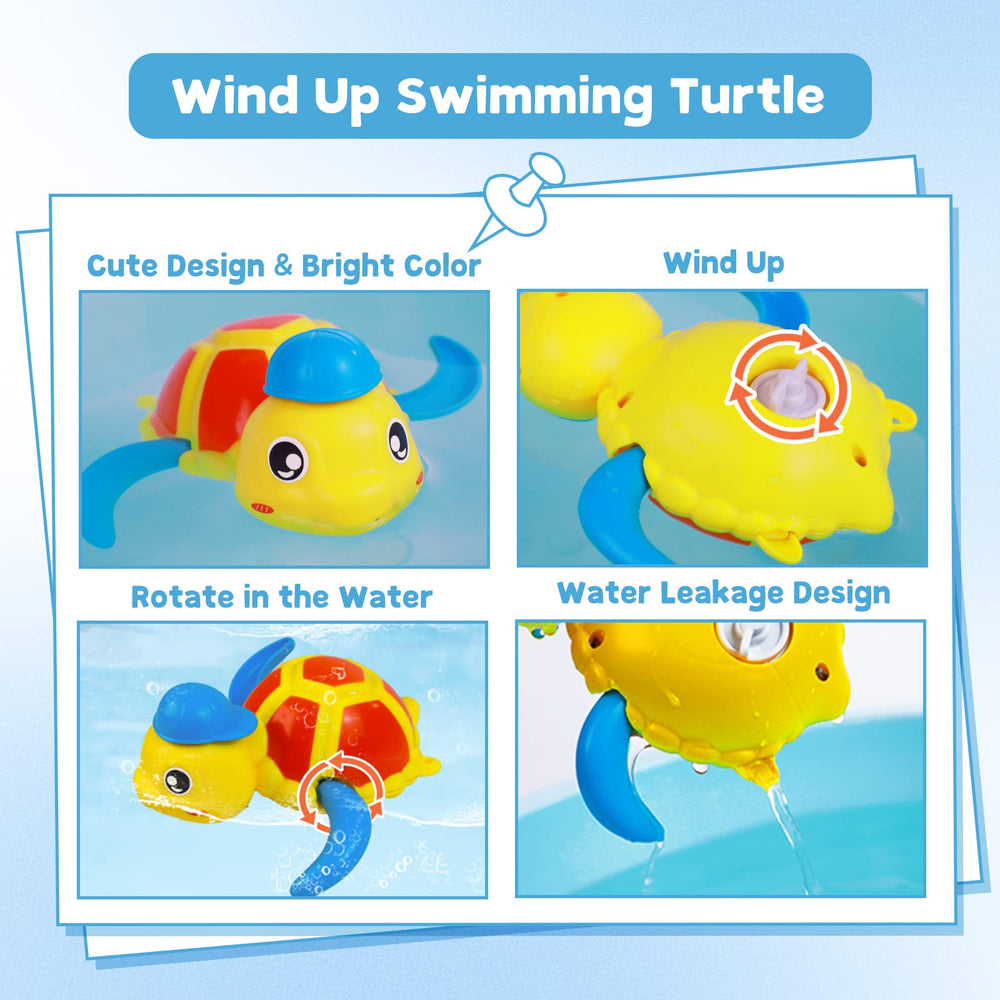 Cuterabit turtles swim on water surface demonstrating wind-up action for toddlers.