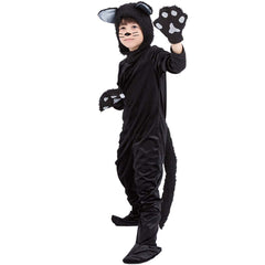 Cuteshower black cat costume back view shows full jumpsuit fit for active pretend play.