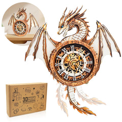 Cutywood dragon clock assembly kit reveals a detailed 3D dragon design.